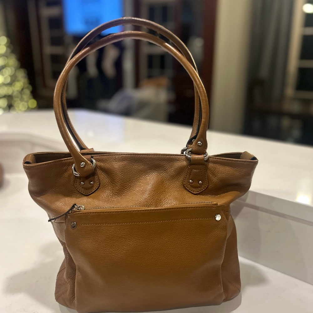 Tignanello Cognac Brown Genuine Leather Tote Shoulder Bag Pebbled Leather